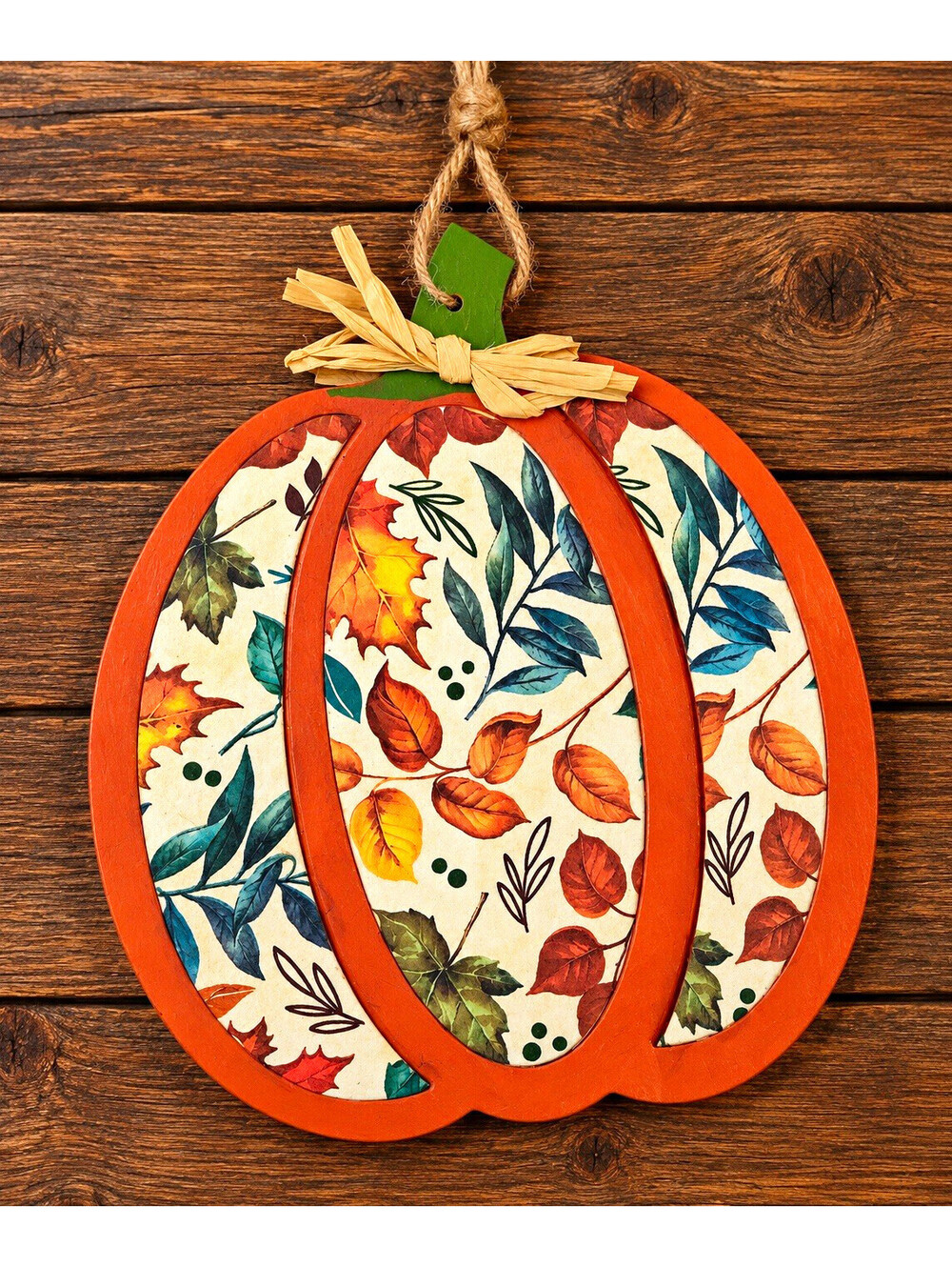 Fall Pumpkin Wall Hanging Wood Leaf Print Bow Autumn Harvest Farmhouse Decor
